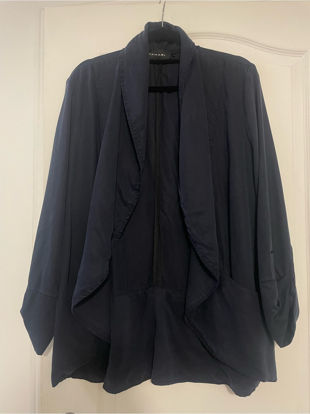 Tahari Navy Draped Open-Front Jacket, Size Large